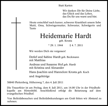 Traueranzeige von Heidemarie Hardt von Tageszeitung