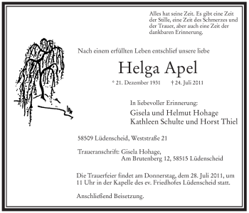 Traueranzeige von Helga Apel von Tageszeitung