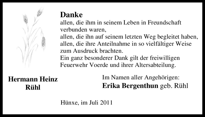 Traueranzeigen von Hermann Heinz Rühl | Trauer-in-NRW.de