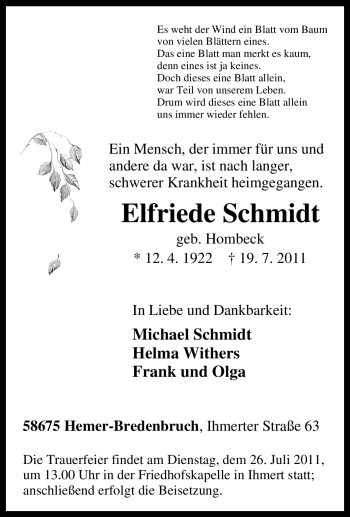 Traueranzeige von Elfriede Schmidt von Tageszeitung