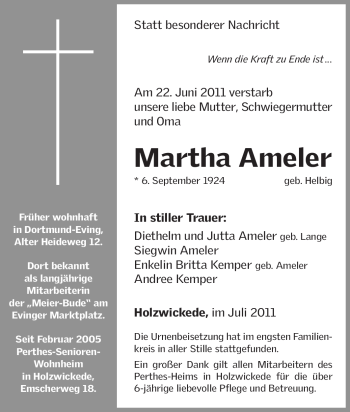 Traueranzeige von Martha Ameler von Tageszeitung