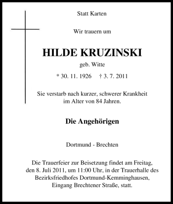 Traueranzeige von Hilde Kruzinski von Tageszeitung