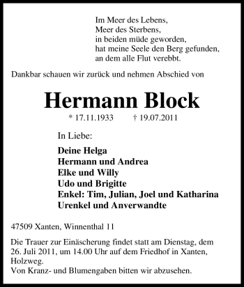 Traueranzeige von Hermann Block von Tageszeitung