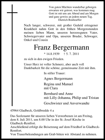 Traueranzeige von Franz Bergermann von Tageszeitung