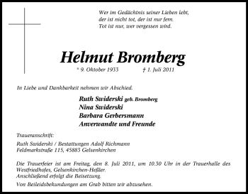 Traueranzeige von Helmut Bromberg von Tageszeitung
