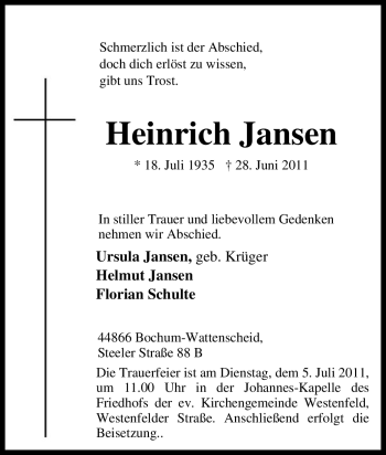Traueranzeige von Heinrich Jansen von Tageszeitung