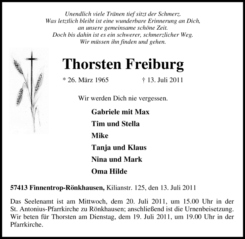  Traueranzeige für Thorsten Freiburg vom 15.07.2011 aus Tageszeitung