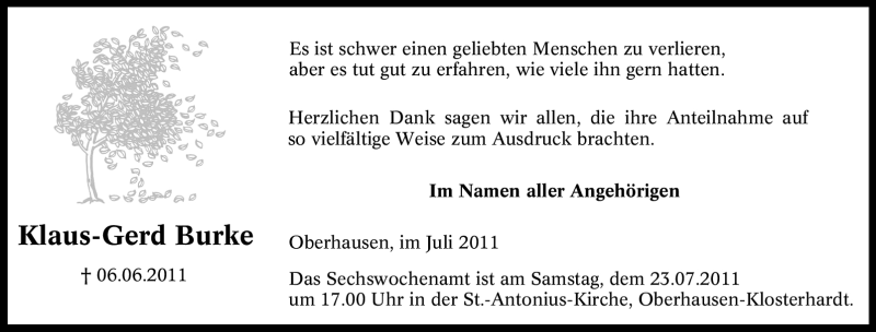  Traueranzeige für Klaus-Gerd Burke vom 16.07.2011 aus Tageszeitung