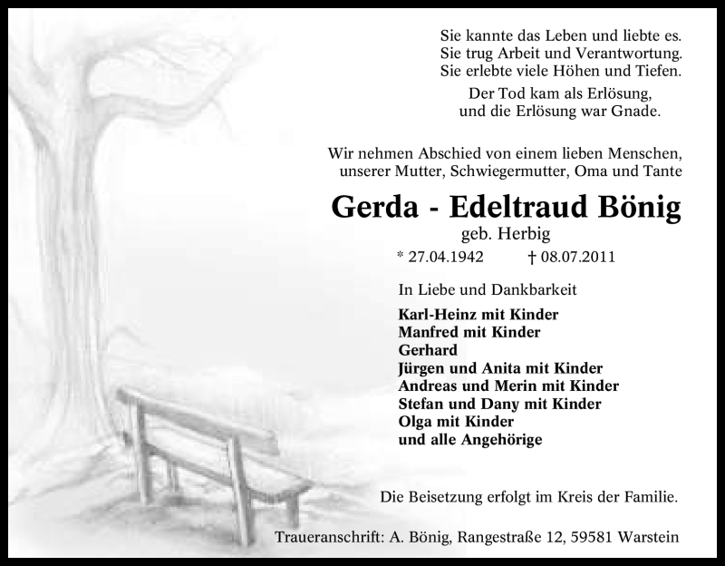  Traueranzeige für Gerda - Edeltraud Bönig vom 12.07.2011 aus Tageszeitung