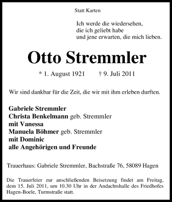 Traueranzeige von Otto Stremmler von Tageszeitung
