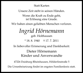 Traueranzeige von Ingrid Hörnemann von Tageszeitung