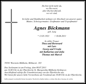 Traueranzeige von Agnes Böckmann von Tageszeitung