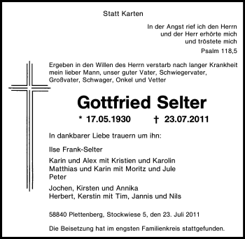 Traueranzeige von Gottfried Selter von Tageszeitung