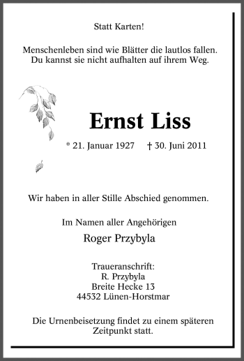 Traueranzeige von Ernst Liss von Tageszeitung