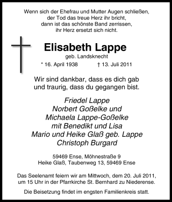 Traueranzeige von Elisabeth Lappe von Tageszeitung