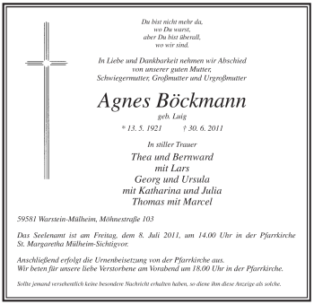 Traueranzeige von Agnes Böckmann von Tageszeitung