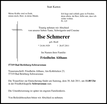 Traueranzeige von Ilse Schmerer von Tageszeitung