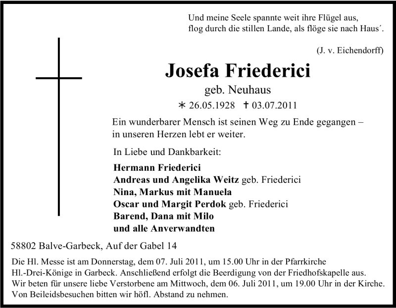  Traueranzeige für Josefa Friederici vom 05.07.2011 aus Tageszeitung