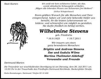 Traueranzeige von Wilhelmine Stevens von Tageszeitung