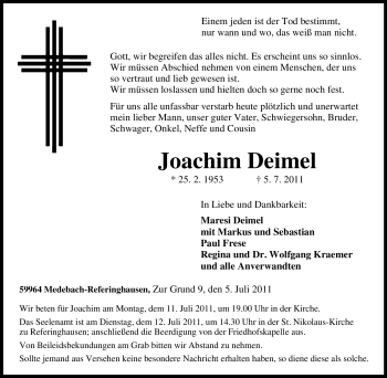 Traueranzeige von Joachim Deimel von Tageszeitung