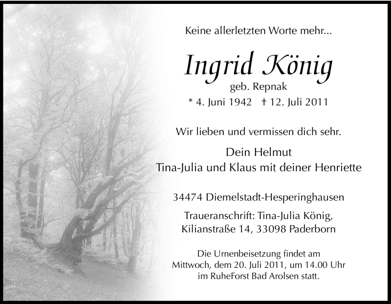  Traueranzeige für Ingrid König vom 15.07.2011 aus Tageszeitung