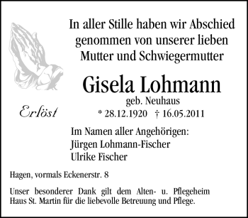 Traueranzeige von Gisela Lohmann von Tageszeitung