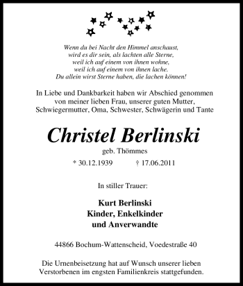 Traueranzeige von Christel Berlinski von Tageszeitung
