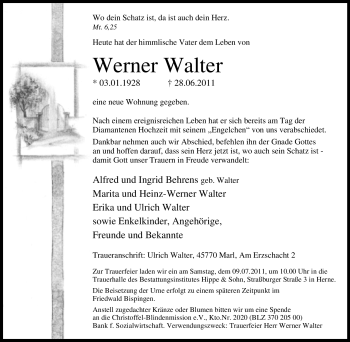 Traueranzeige von Werner Walter von Tageszeitung