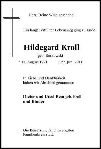 Traueranzeige von Hildegard Kroll von Tageszeitung