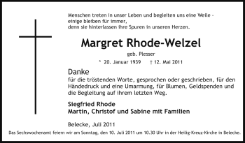 Traueranzeige von Margret Rhode-Welzel von Tageszeitung