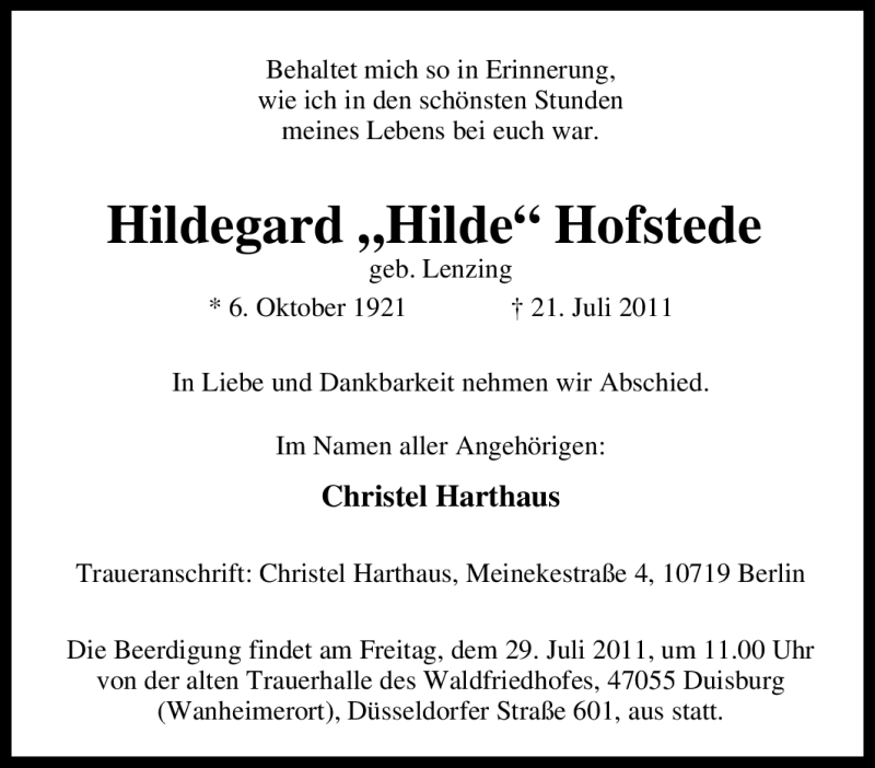  Traueranzeige für Hildegard Hofstede vom 25.07.2011 aus Tageszeitung