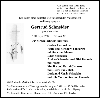 Traueranzeige von Gertrud Schneider von Tageszeitung