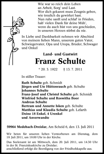 Traueranzeige von Franz Schulte von Tageszeitung