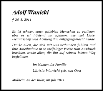 Traueranzeige von Adolf Wanicki von Tageszeitung