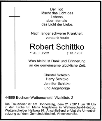 Traueranzeige von Robert Schittko von Tageszeitung