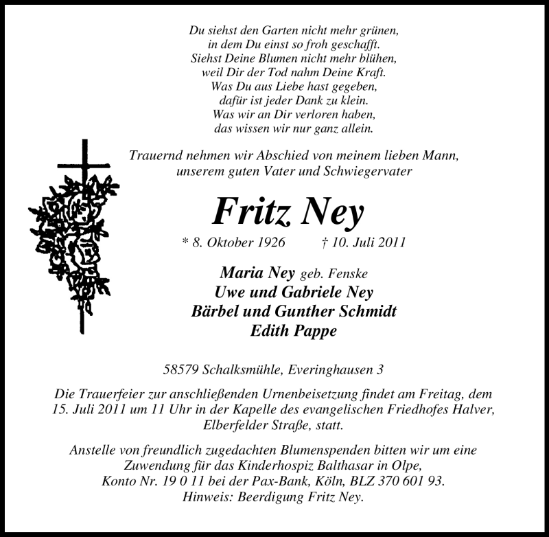  Traueranzeige für Fritz Ney vom 12.07.2011 aus Tageszeitung