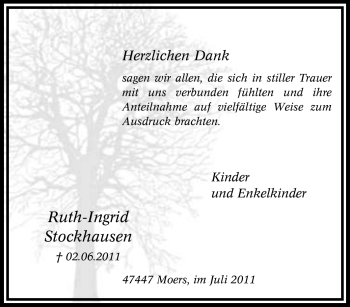 Traueranzeige von Ruth-Ingrid Stockhausen von Tageszeitung