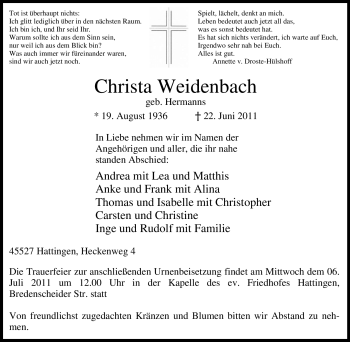 Traueranzeige von Christa Weidenbach von Tageszeitung