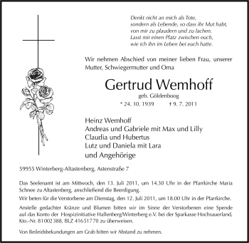Traueranzeige von Gertrud Wemhoff von Tageszeitung