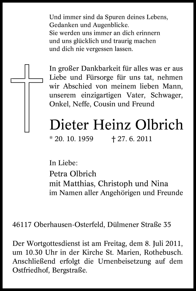  Traueranzeige für Dieter Heinz Olbrich vom 02.07.2011 aus Tageszeitung