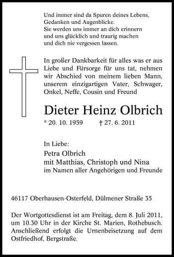Traueranzeige von Dieter Heinz Olbrich von Tageszeitung