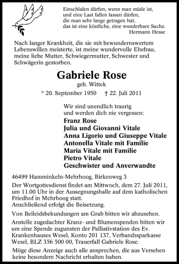 Traueranzeige von Gabriele Rose von Tageszeitung