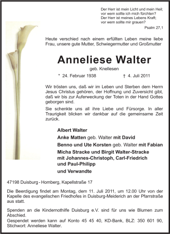 Traueranzeige von Anneliese Walter von Tageszeitung