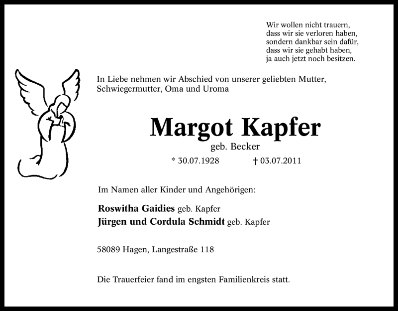  Traueranzeige für Margot Kapfer vom 09.07.2011 aus Tageszeitung