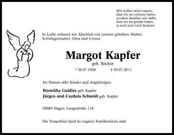 Traueranzeige von Margot Kapfer von Tageszeitung