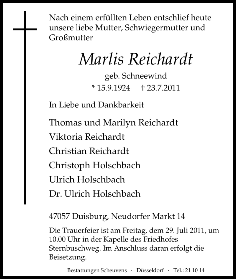  Traueranzeige für Marlis Reichardt vom 27.07.2011 aus Tageszeitung