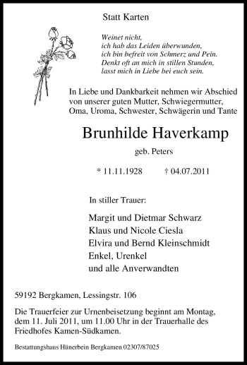 Traueranzeige von Brunhilde Haverkamp von Tageszeitung