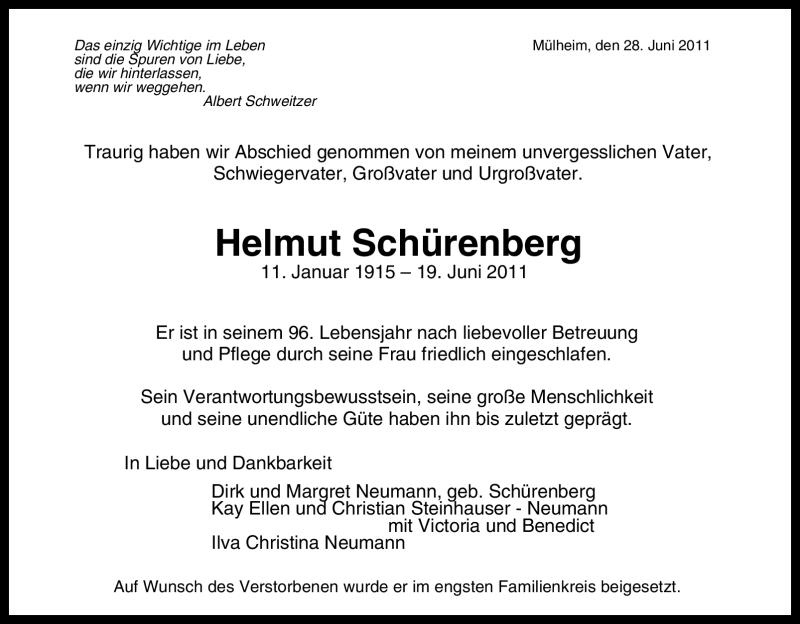  Traueranzeige für Helmut Schürenberg vom 02.07.2011 aus Tageszeitung