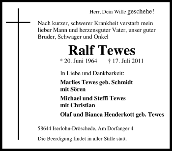 Traueranzeige von Ralf Tewes von Tageszeitung
