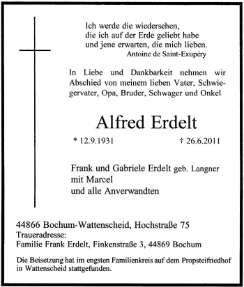 Traueranzeige von Alfred Erdelt von Tageszeitung